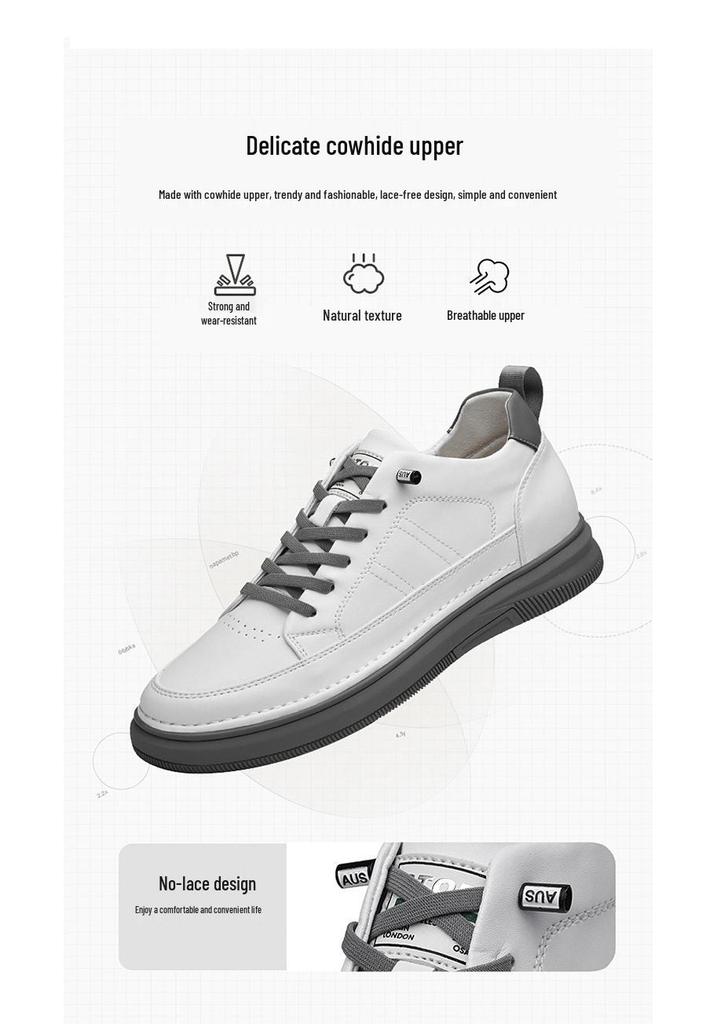 Men's Height-Increasing Platform Sneakers - Thick Sole, Cowhide White, Low-Top, Casual Sports Shoes for Spring