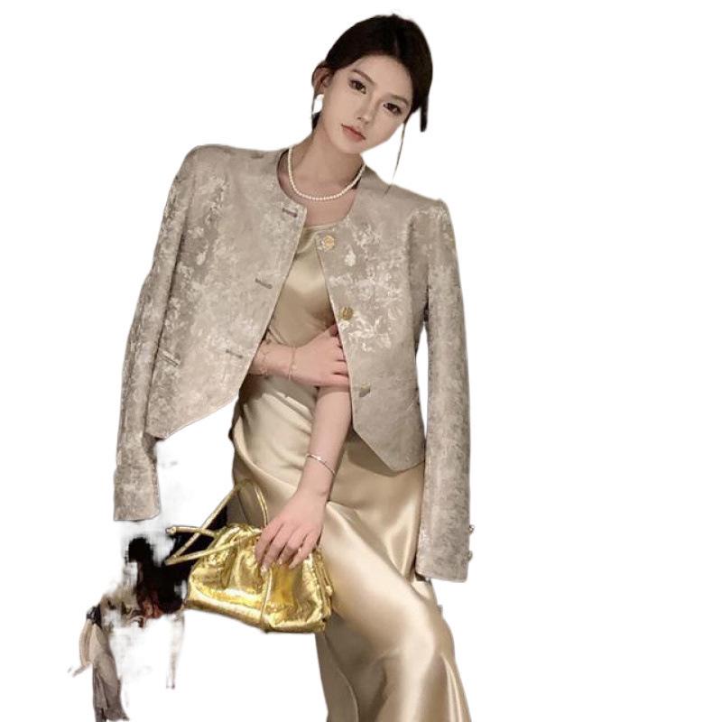 Elegant Women's Jacquard Jacket & Acetate Satin Dress Set