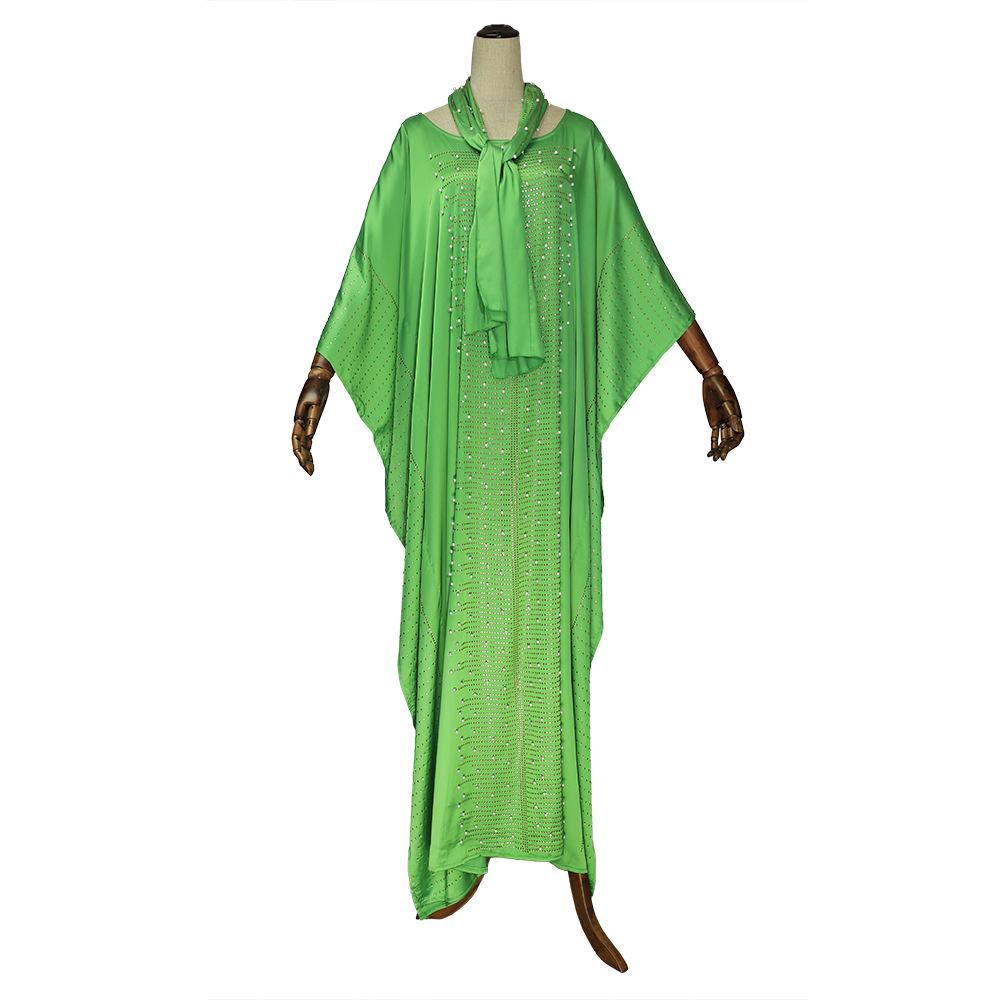 

African Plus Size Beaded Silk Satin Batwing Sleeve Robe with Headscarf One Size зелений