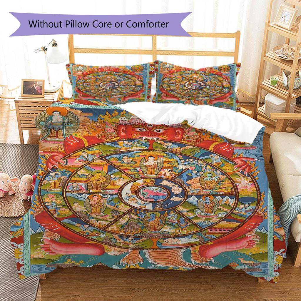 Buddhism Wheel Pattern Bedding Quilt Set Quilt Cover Pillowcase Home Decoration Gift (1 * duvet cover + 2 * pillowcase, without core)