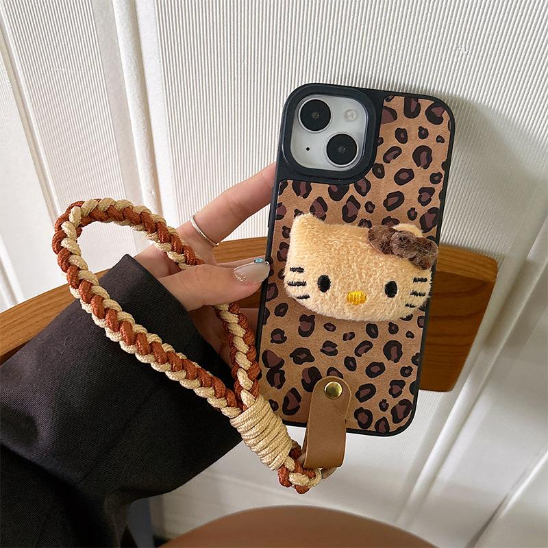 Leopard Print Leather Plush Cute Kt Cat Phone Case For Iphone16Promax Strap Apple 15Plus iPhone 11