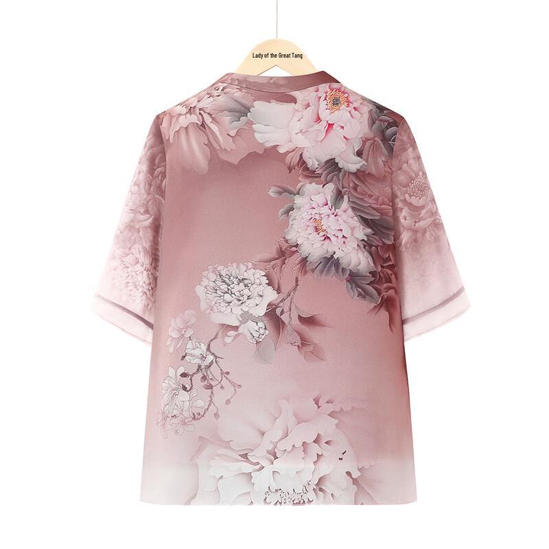 Women's Peony Print Chiffon Short Sleeve Blouse