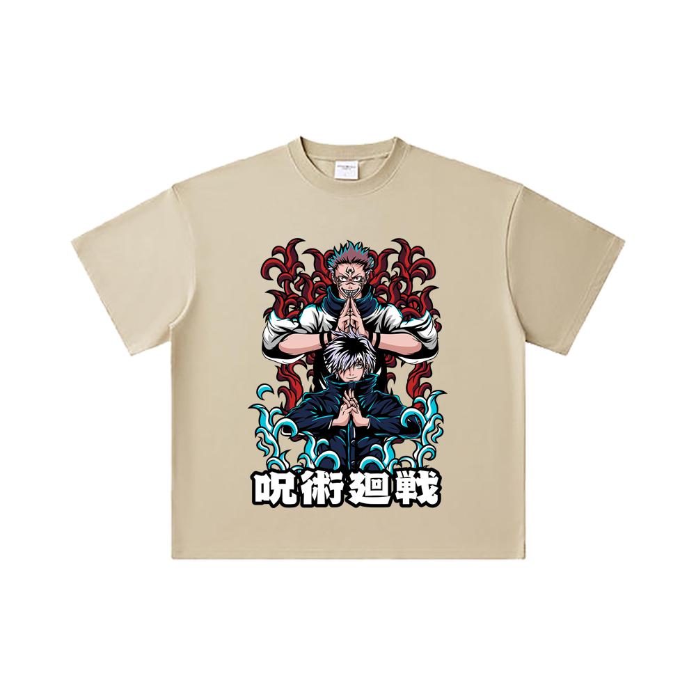 260 GSM Double Yarn 32 Count 100% Cotton Jujutsu Kaisen V49 Gojo Sukuna Print Unisex Heavy Cotton T Shirt