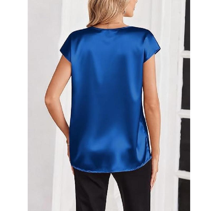 Women Summer T-shirts V-neck Short Sleeve Satin Tee Tops Ladies Casual Top Shirt