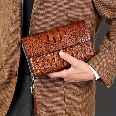 Genuine Leather Men's Wallet Crocodile Texture Business Card Holder Luxury RFID Blocking Slim Bifold Zipper Clutch Pouch