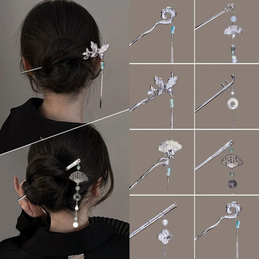 Fashion Metal Jewelry Hairpin For Women Ink Wash Style Folding Fan Erhu Butterfly Tassel Hair Stick Girls Trendy Hair Accessory