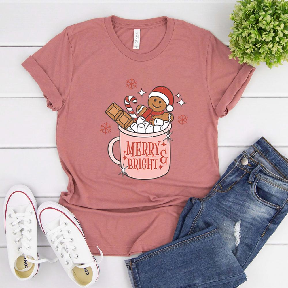 Gingerbread Retro Merry T Shirt Cute Xmas Tshirt Christmas Graphic T Shirts Merry Christmas Tee Womens Holiday Tops