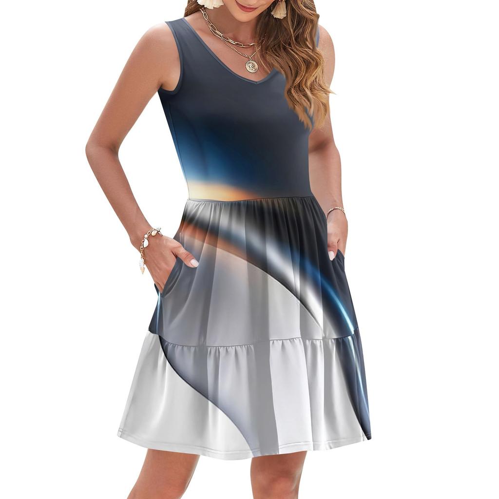 Women's Summer Fashion Casual V-neck Pleated Patchwork Color Block Patchwork Print Sleeveless Pocket Vest Dress