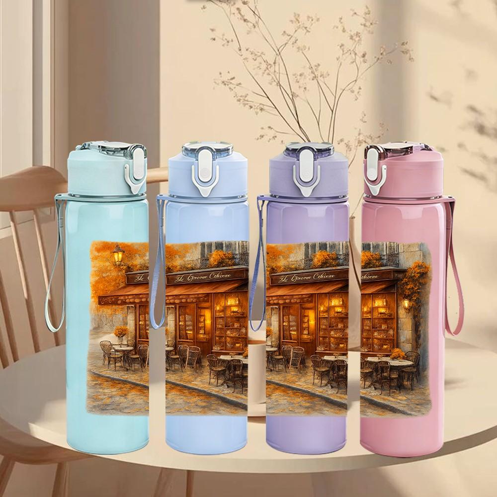 1PC Vintage Street Cafe Night View 750ml Color Plastic Sports Water Bottle Leakproof Flip Straw Lid Suitable for Sports Office Home Use
