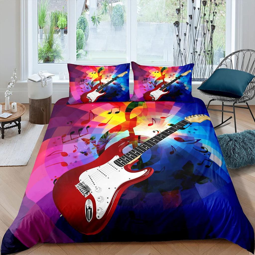 Electric Guitar King Queen Duvet Cover Stringed Instrument Bedding Set Musical Note Quilt Cover Hippie Polyester Comforter Cover