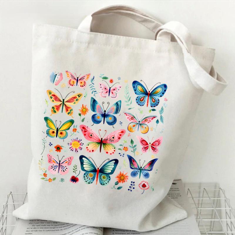 Skeleton Flower Pattern Canvas Shoulder Bag Vintage Flower Butterfly Print Tote Bags Retro Skull Butterfly Print Women's Handbag