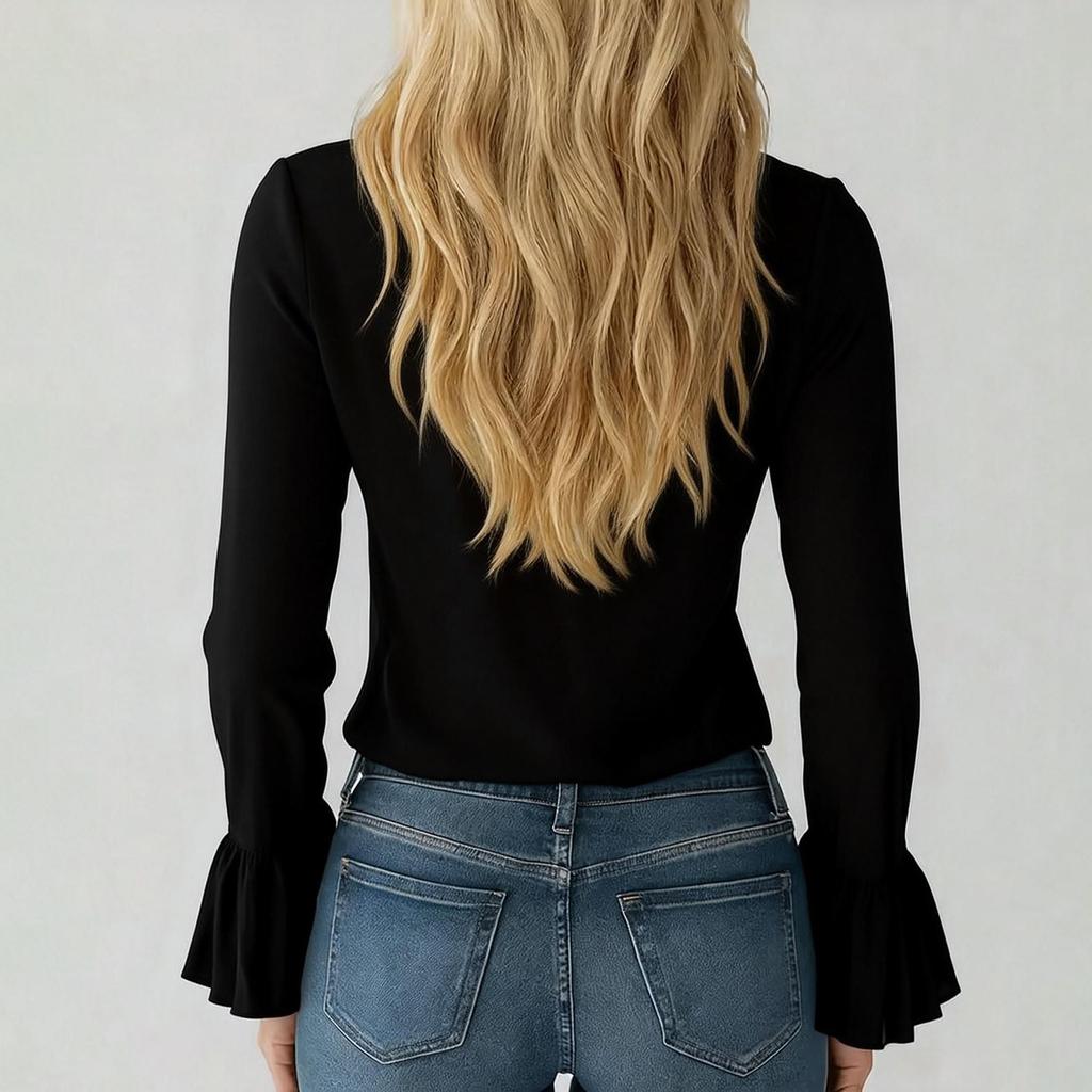 Ladies' Casual And Elegant Ruffle Edge  V-neck Bubble Sleeve Shirt