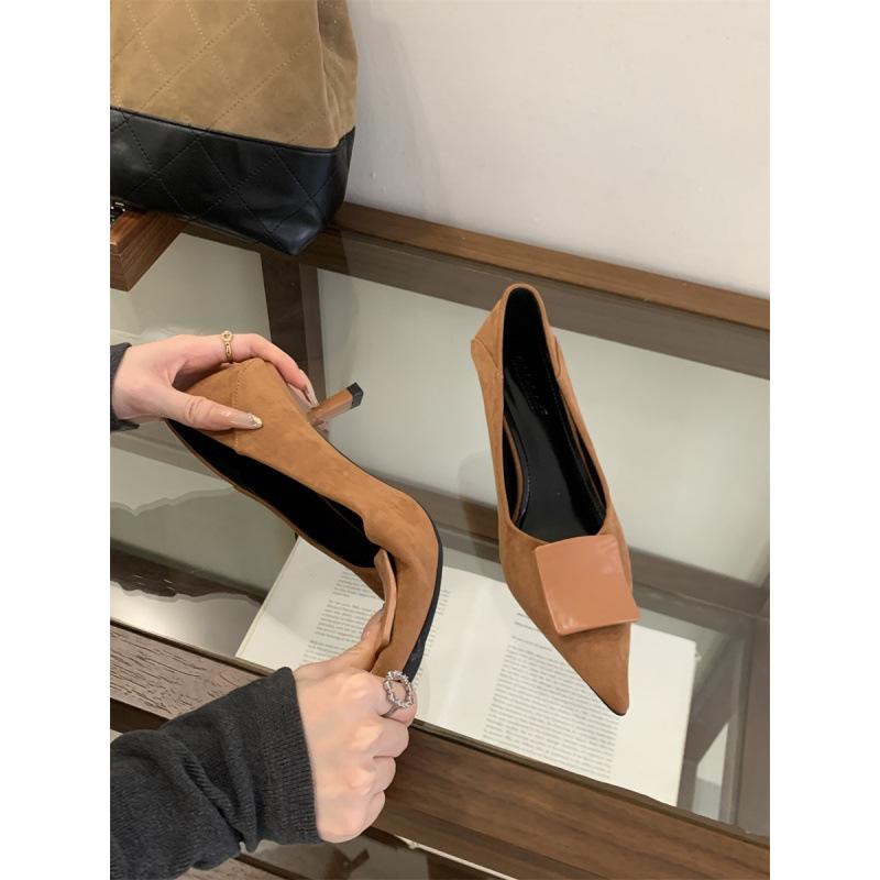 Metal buckle pointed high heels women's shoes 2025 new spring and autumn French temperament shallow mouth stiletto shoes