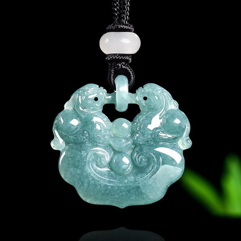 Premium Blue Jade Pixiu Ruyi Pendant Necklace with Leather Tassel
