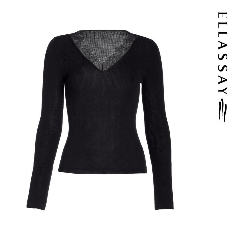 ELLASSAY 2025 Autumn Women's 100% Merino Wool Lace Trim V-Neck Knit Sweater