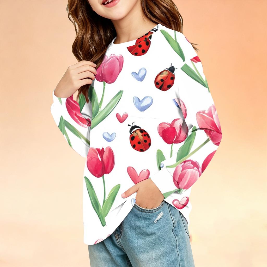 Kids Long Sleeve Printed Round Neck T-Shirt with Pocket Casual Top