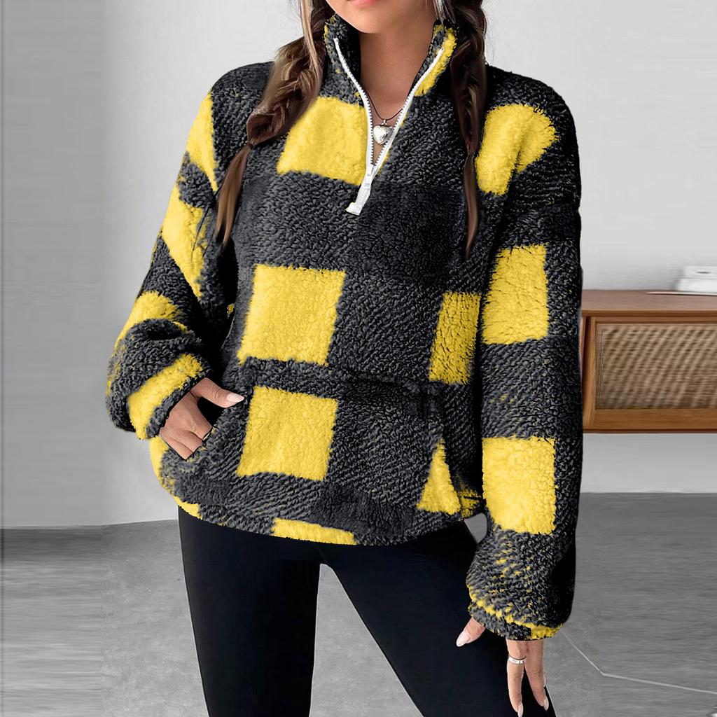 Damen Karo Halb-Reißverschluss Langarm Sweatshirt Lässiger Pullover