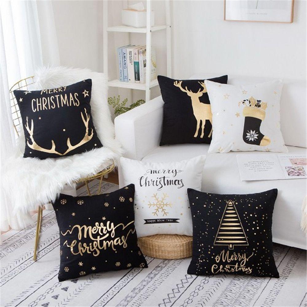 Hot Bronzing Soft Sofa Waist Square Pillowcase Cushion Cover Gold Print Merry Christmas