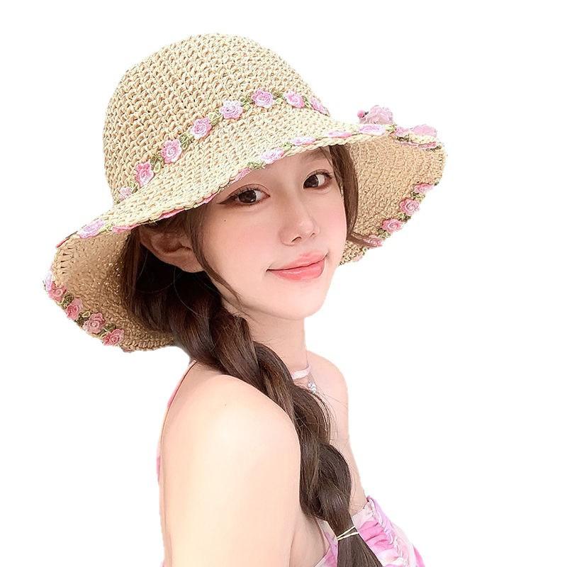 Idyllic Small Fresh Flowers Fisherman Straw Hat Seaside Vacation Beach Face Small Straw Foldable Sunshade