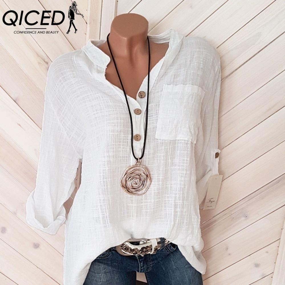 

QICED Жіночі модні повсякденні одноколірні блузки та сорочки з довгими рукавами з вирізом у формі поло S білий