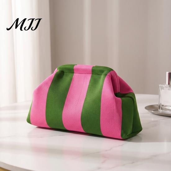 Daily Travel Toiletry Organizer Snap Shut Makeup Bag, Striped Knitted Clutch Pouch, Stylish Small Cosmetic Pouch for Purse Wide Open Brushes