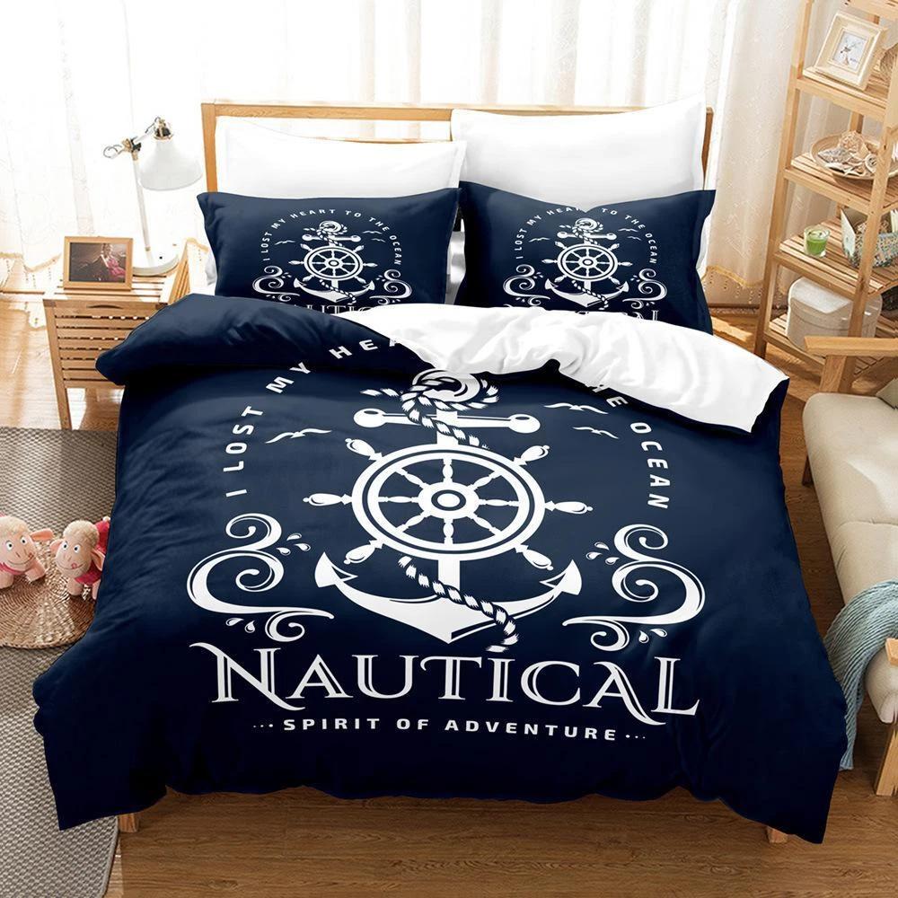 Nautical Anchor Ship Wheel Bedding Set, Navy Blue Maritime Duvet Cover Set, Coastal Adventure Home Textile, Perfect Gift for Ocean Lovers Baby 100x135cm