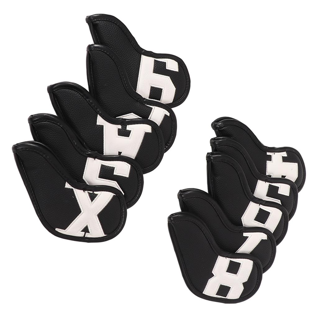 10pcs Set PU Waterproof Golf Club Iron Cover Fine Sewing Process Golf Club Head Protect Case(White Character Black Background )