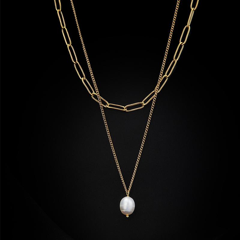 316L Stainless Steel New Fashion Fine Jewelry Minimalism 2-Layer Pearl Charm Chain Choker Necklaces Pendants For Women
