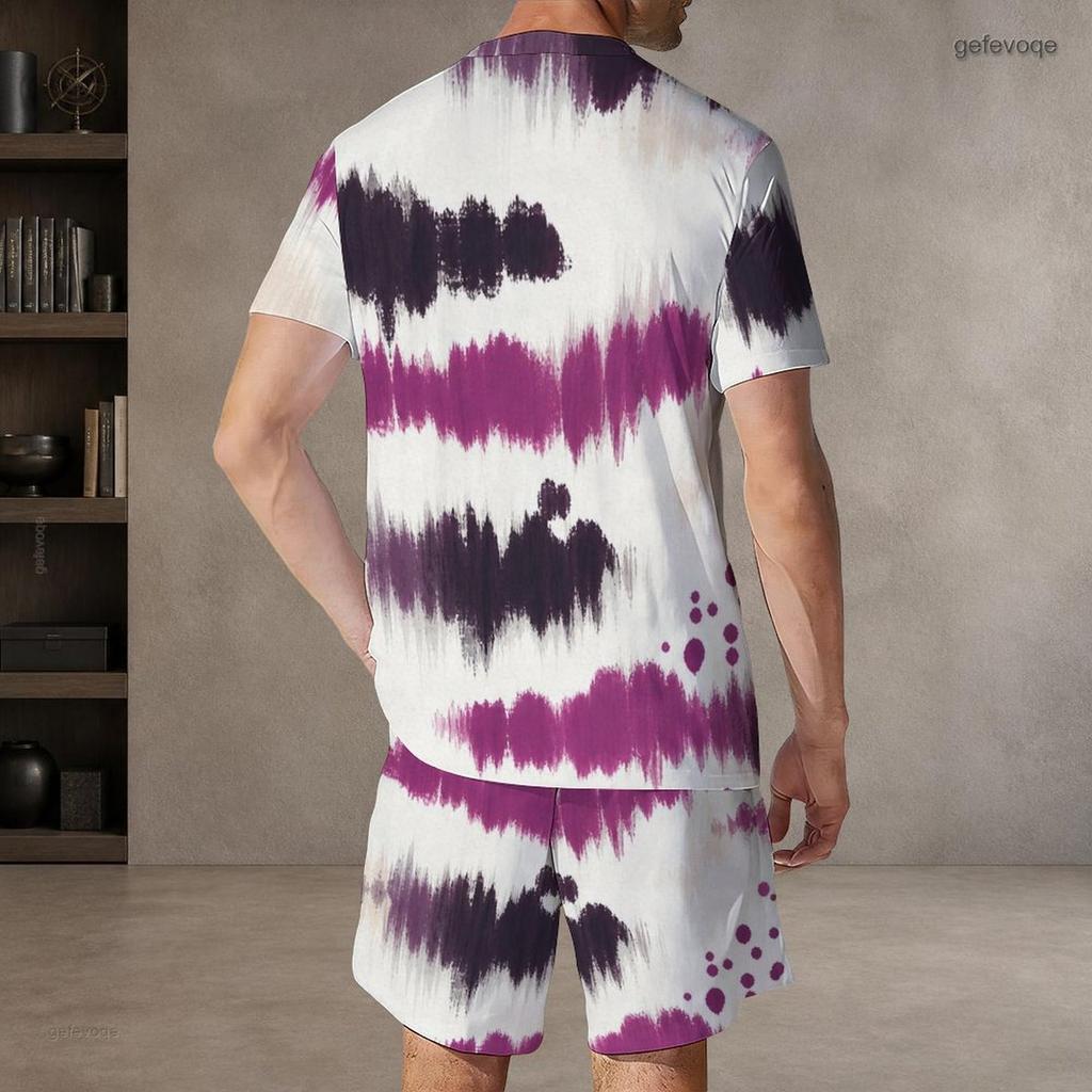 Men Plus Size Blue White Printed Round Neck Short Sleeve Top And Shorts With Pockets Two Piece Set