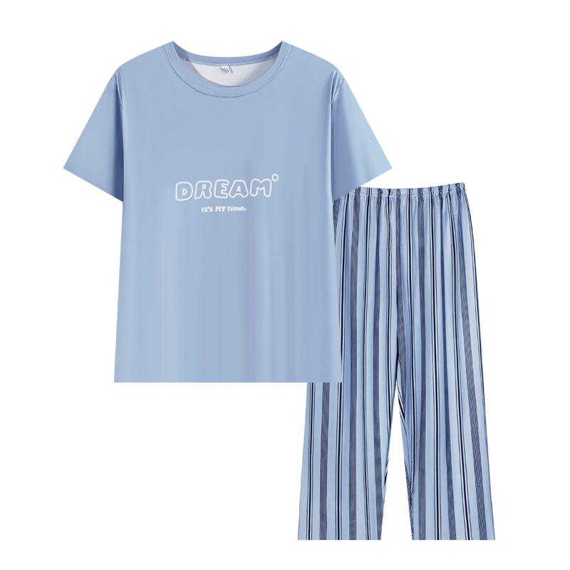 Korean minimalist style pajamas for women, summer cool thin cotton striped cropped pants, letter short-sleeve crew neck loungewear set