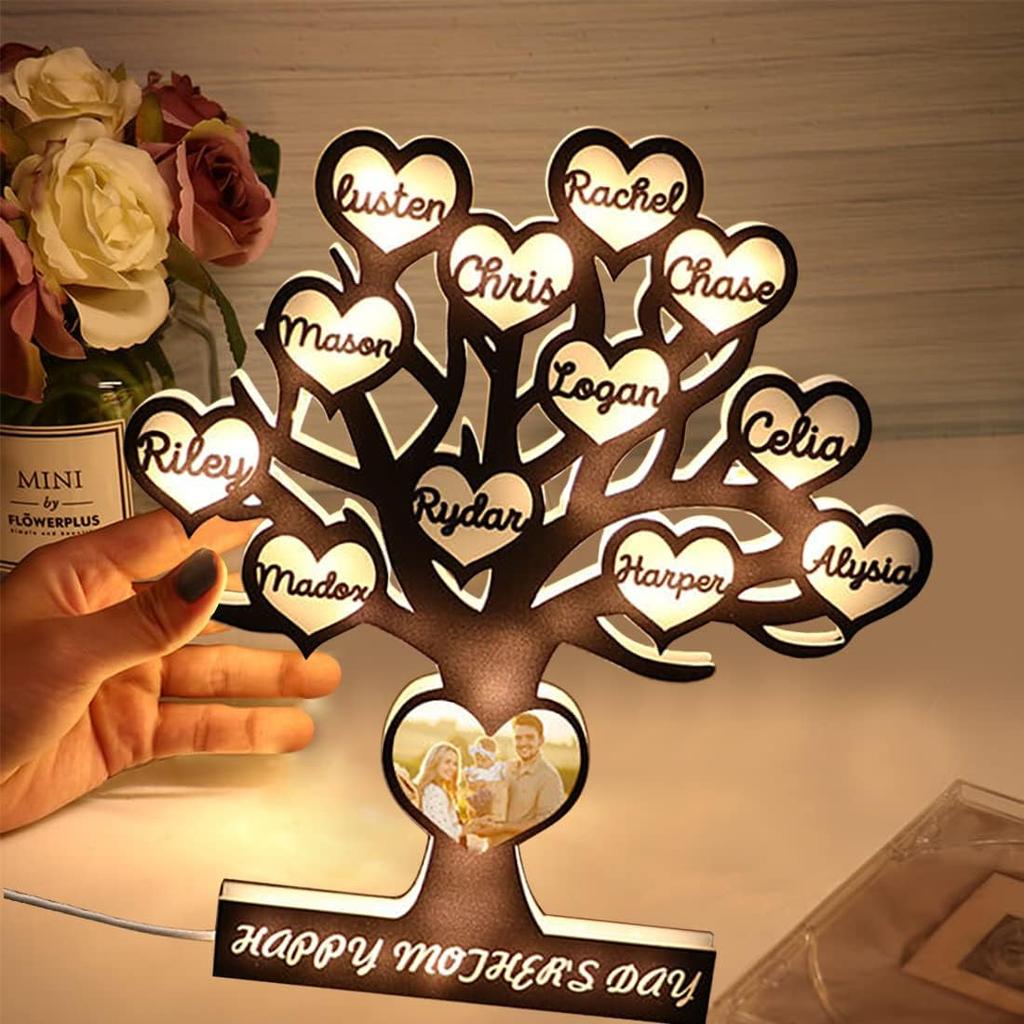 Personalized Photo Family Tree Acrylic Lights Custom 1-12 Child's Names Tree of Life Night Light Mom LED Lamp Mothers Day Room Decor Gift for Mom