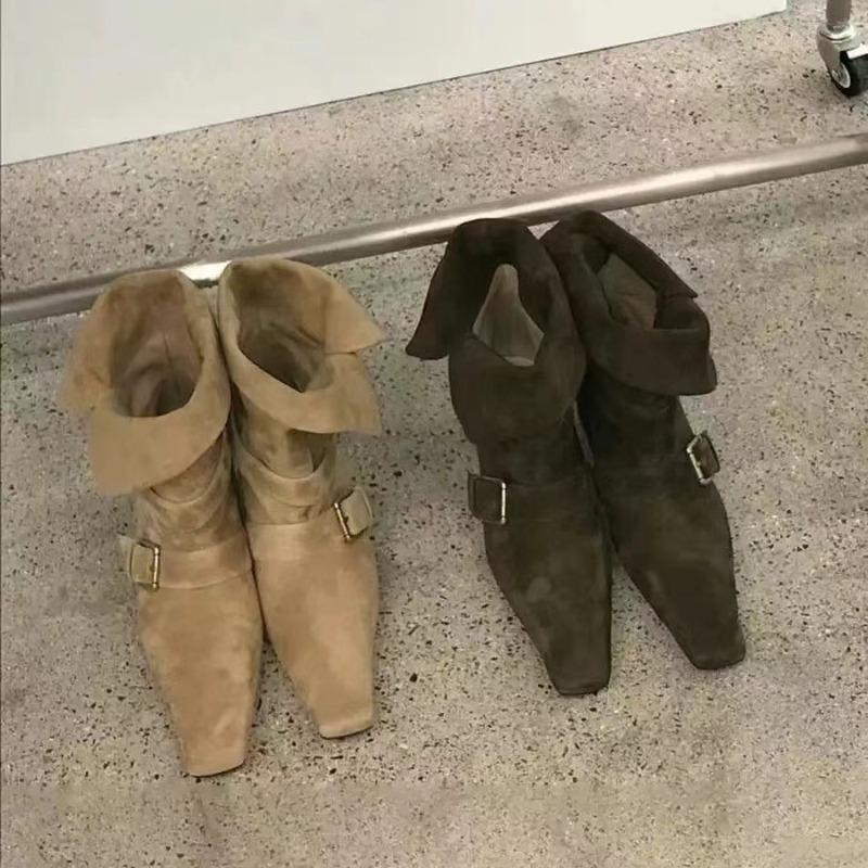 Leather Suede Vintage Small Square Head Two Wear Fold Thick Heel Belt Buckle Medium Boots Women's Autumn and Winter Martin Boots Short Boots