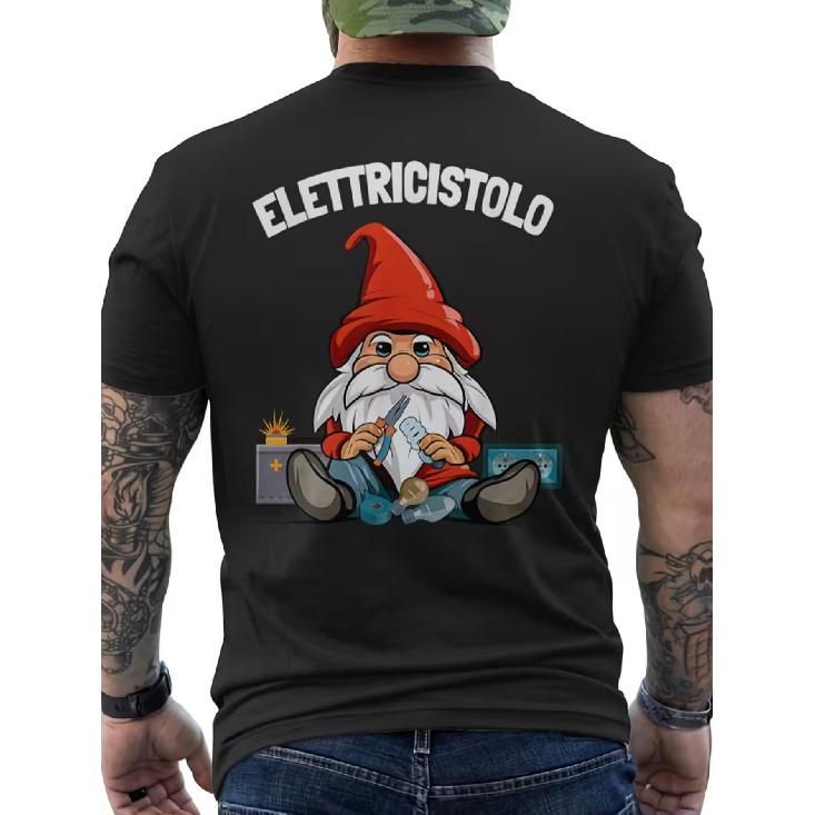 Funny Men's Electrician T-Shirt with Back Print - Electrifying Gnome Design, Italian Text, and Wiring Diagram – Casual Short Sleeve Round Neck