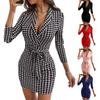 2026 Elegant Houndstooth Seven-Sleeve Belted Dress - Slim Fit, Suit Collar, Hip-Hugging Style for Women
