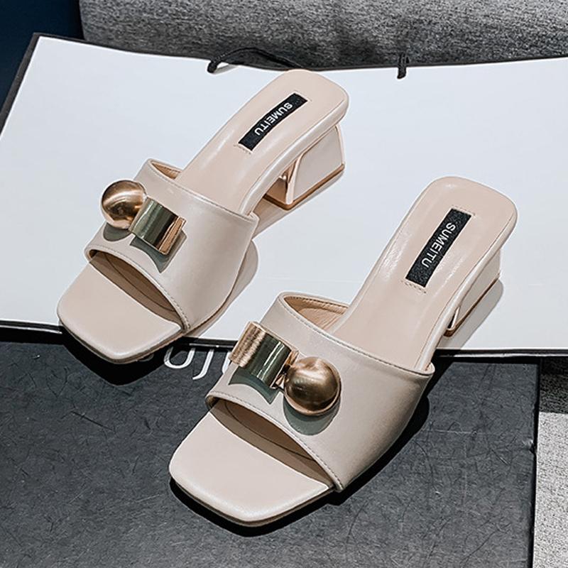 

Fashion 2025 High Block Heels Sandals Woman Metal Decorate Shoes Wedges Open Toe Slides Ladies Pantufla Flipflops Slip On Femme Slippers 33 абрикосовый