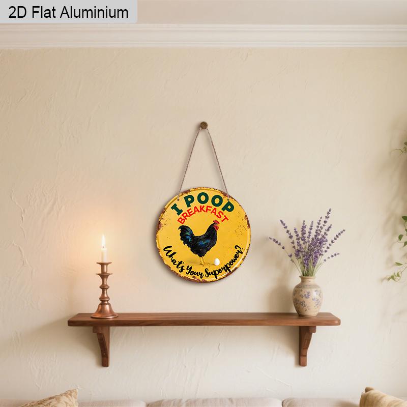 2D Flat Aluminum Vintage Round Aluminum Sign "I Poop Breakfast What's Your Superpower?" Funny Chicken Decor, Metal Wall Art for Farmhouse, Kitchen