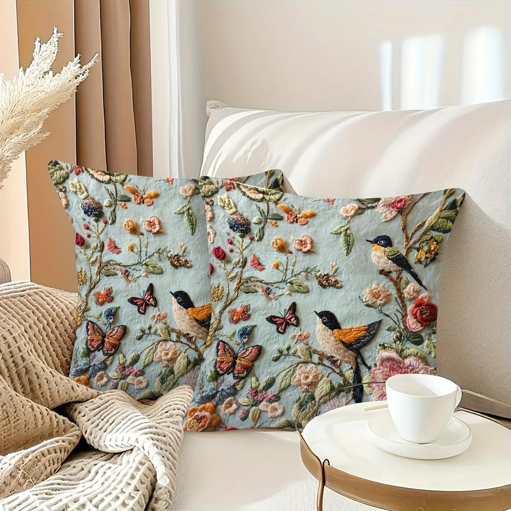 Funda de Cojín de Terciopelo Bordada con Pájaro y Mariposa Floral Para Decoración de Sala de Estar