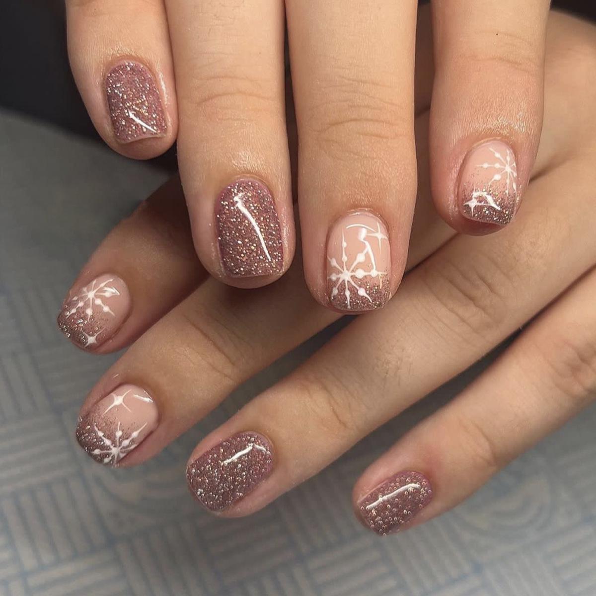 

Champagne Snowflake & Starburst Glitter Short Square Press-on Nails