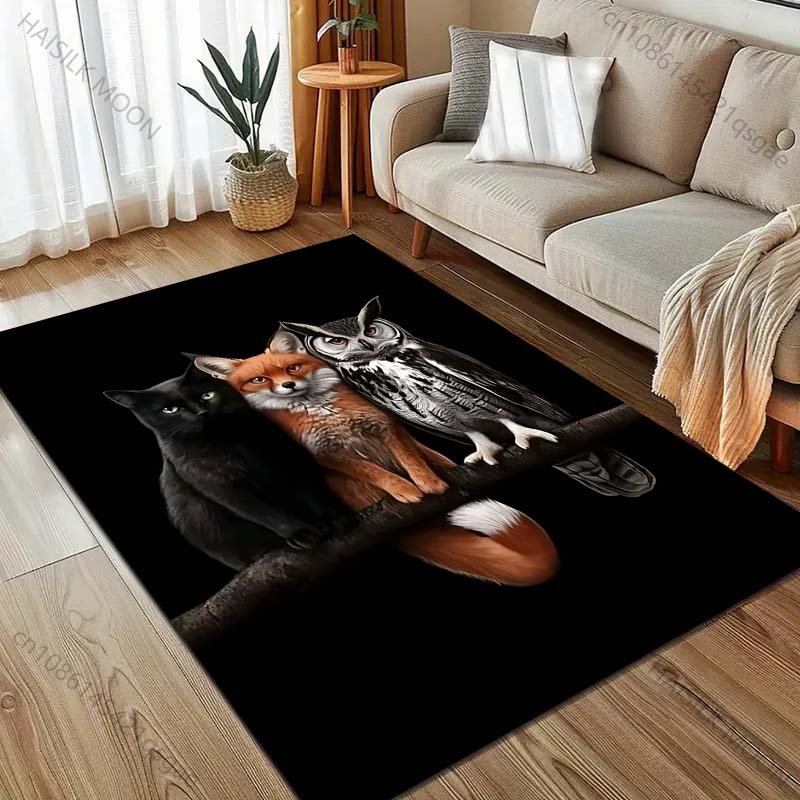 Black Cat Fox Owl Print Carpet for Bedroom Living Room Bedside Sofa Floor Mat Modern Home Decor Area Rug Large Size
