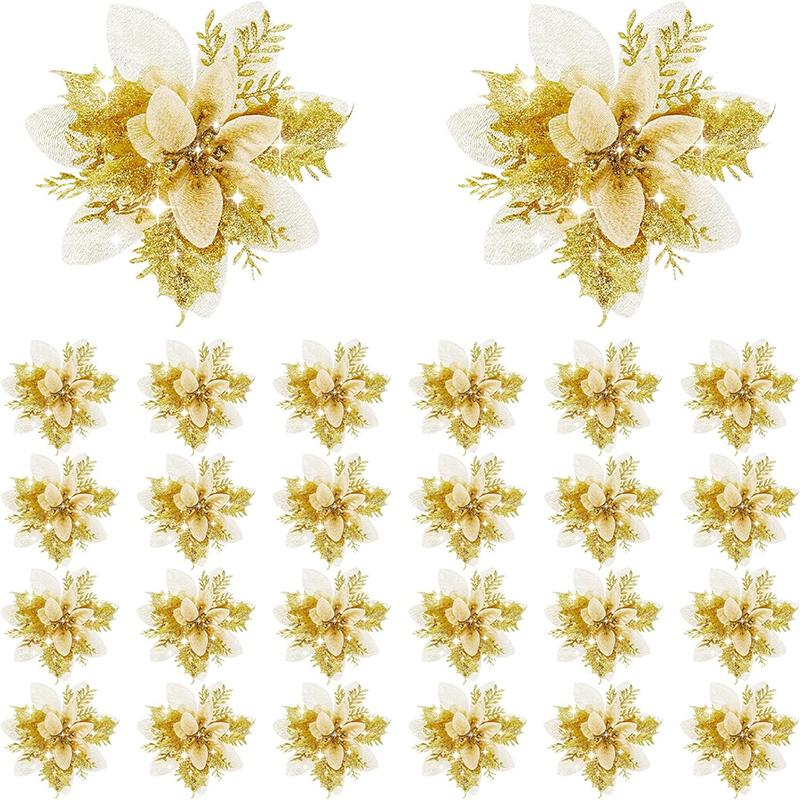 1bag 5pcs Christmas Decorations Glitter Polyester  Artificial Christmas Flowers for Christmas Tree Ornament Party Wreath Decor