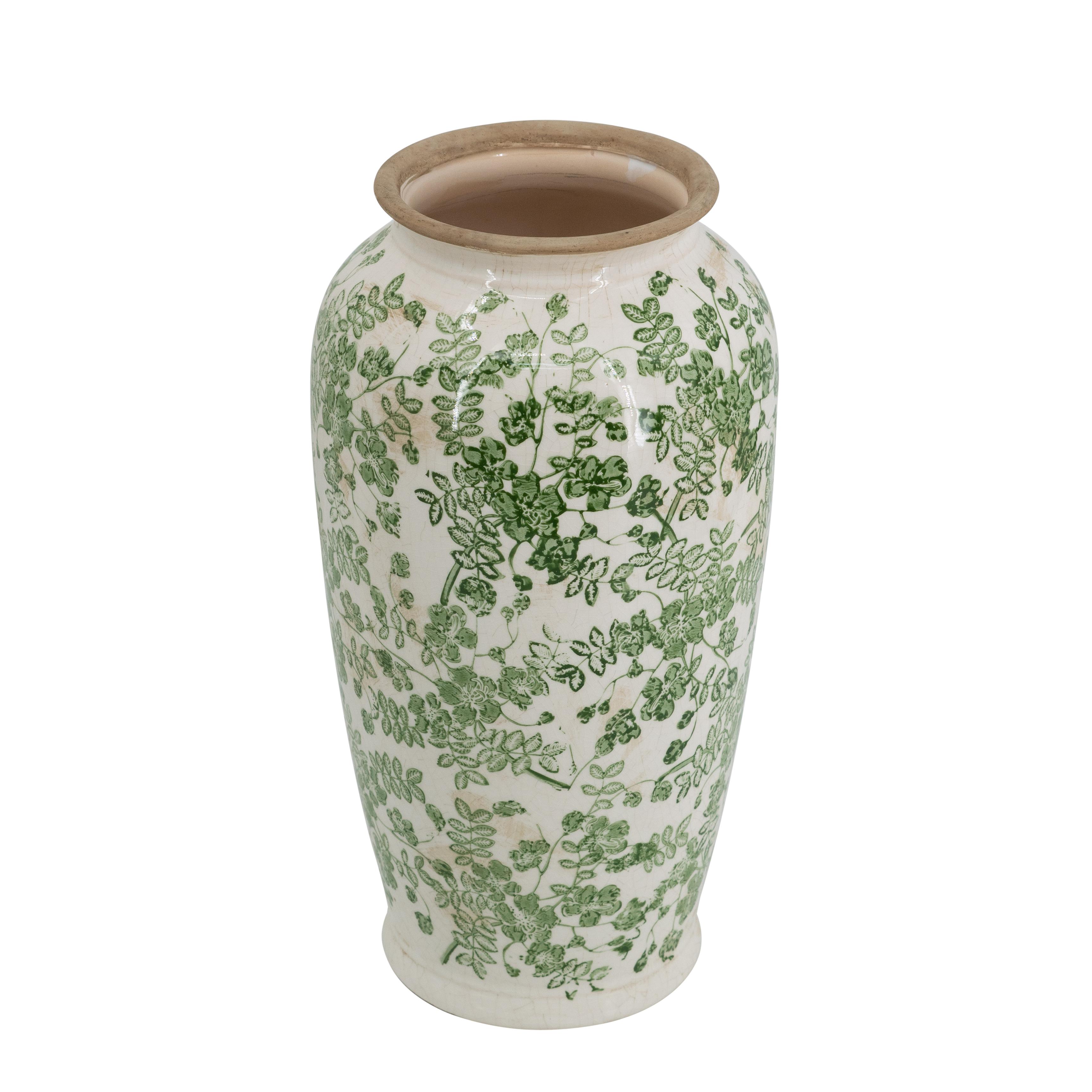 7.7x7.7x14.6  White Ceramic Flower Vase with Green Floral Pattern Flowerpot Ceramic Vintage Vase Green Plant Flowerpot Green (as the picture,7.7x7.7x14.6 inch)