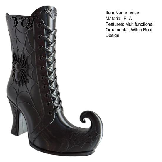 Decorative Mantel Ornament Gothic Witch Boot Vase, Halloween Table Centerpiece Black Spider Web Plastic Floral Arrangement Stand High Heel,