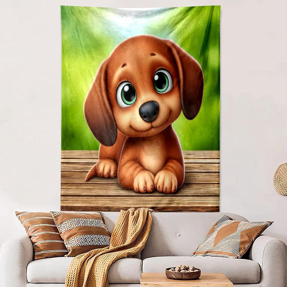 Cute Puppy with Big Green Eyes Patterned Tapestry Decorative Wall Hanging, Home Bedroom Living Room Decor