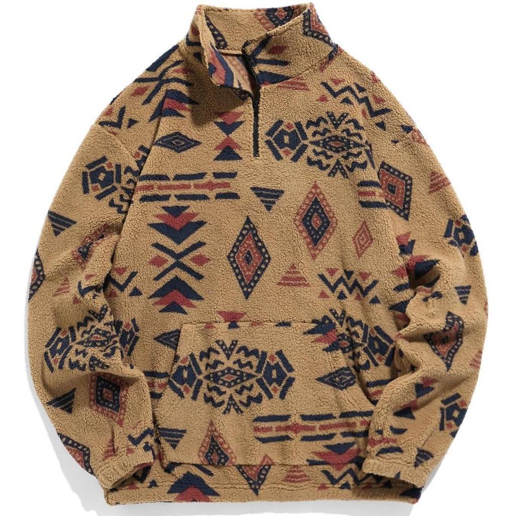Europese Maat Koreaanse Chic Winter Retro Etnisch Geometrisch Print Casual Lange Mouw Rits Top