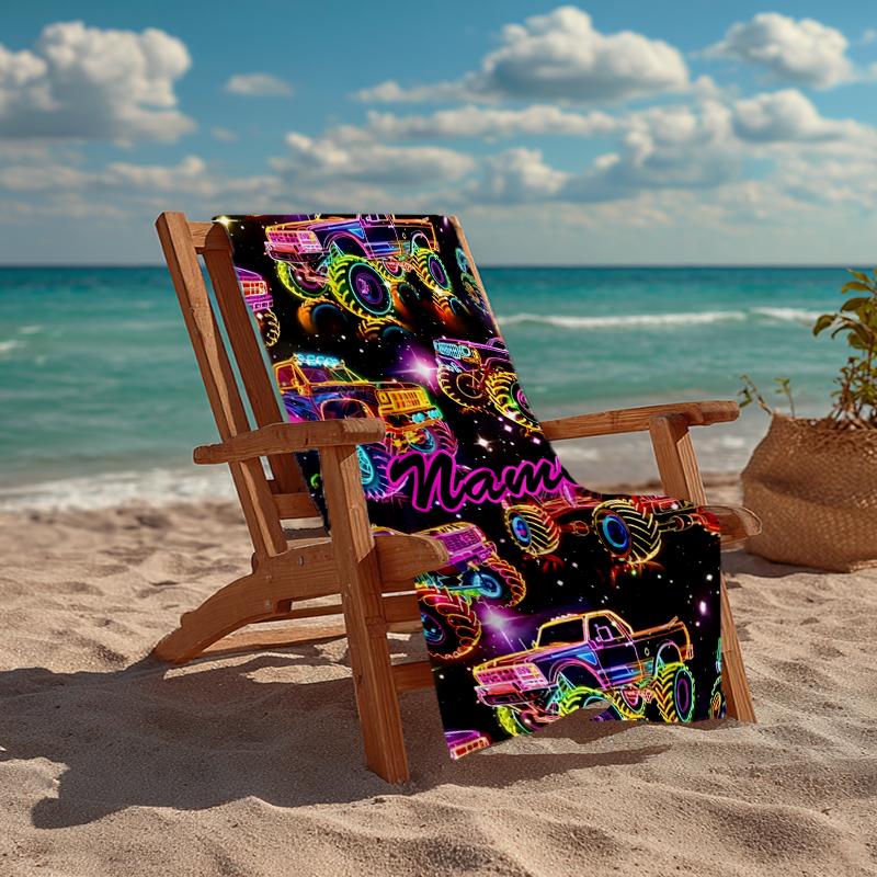 Custom Name Ultra-Soft Beach Towel with Truck Theme,Ideal for Pool - Camping, Diving - Perfect Travel Essential, Vibrant Beach Towel.