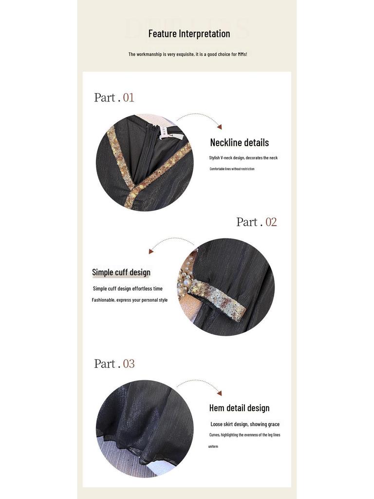 Plus Size Women's French Retro V-neck Dress: Stylish Waist-Cinching Little Black Dress for Spring & Autumn (130-350 jin)