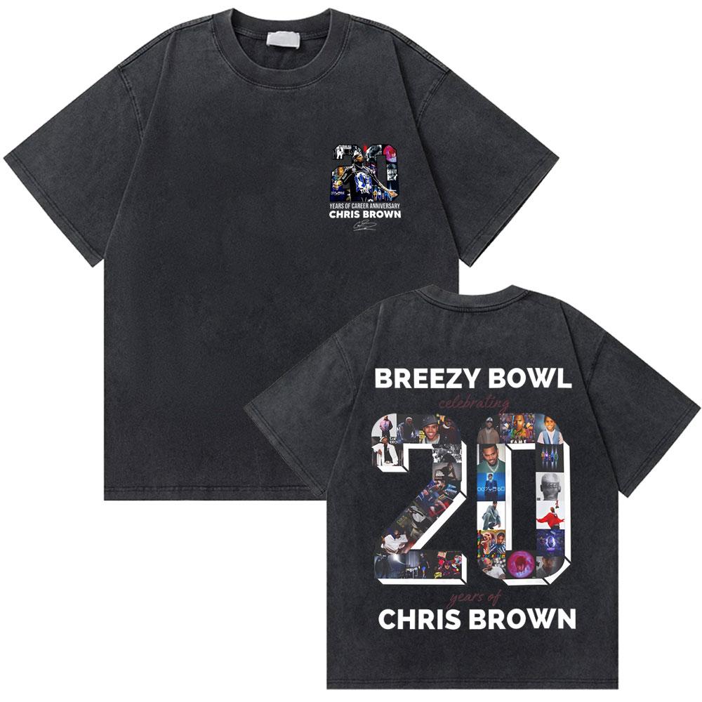 Washed Rapper Chris Brown Breezy Bowl XX World Tour Tshirts Men Women Hip Hop Retro Tshirt Mens Fashion Trend Streetwear