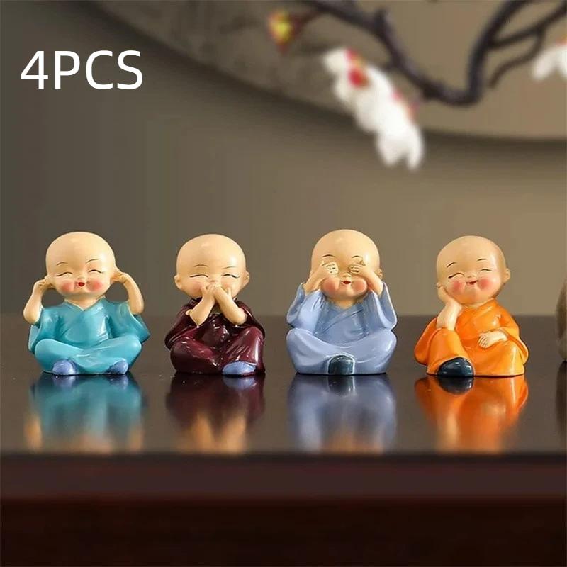 4Pcs Little Monk Resin Statues Adorable Mini Craft Ornaments for Car Dashboard Office Desk Home Living Room Decor