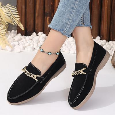 Flat Women Casual Shoes Fashion Nude Luxury Comfortable Classic Metal Chain Slip On Loafers Shoes High Quality Suede Walking Shoes