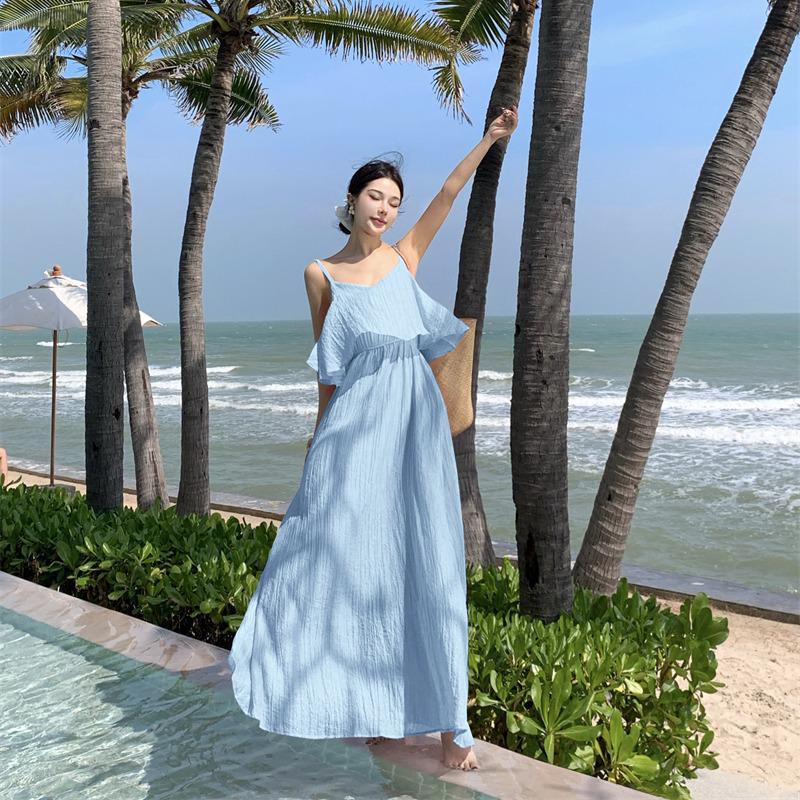 Elegant Sky Blue Backless Maxi Dress for Beach Vacations